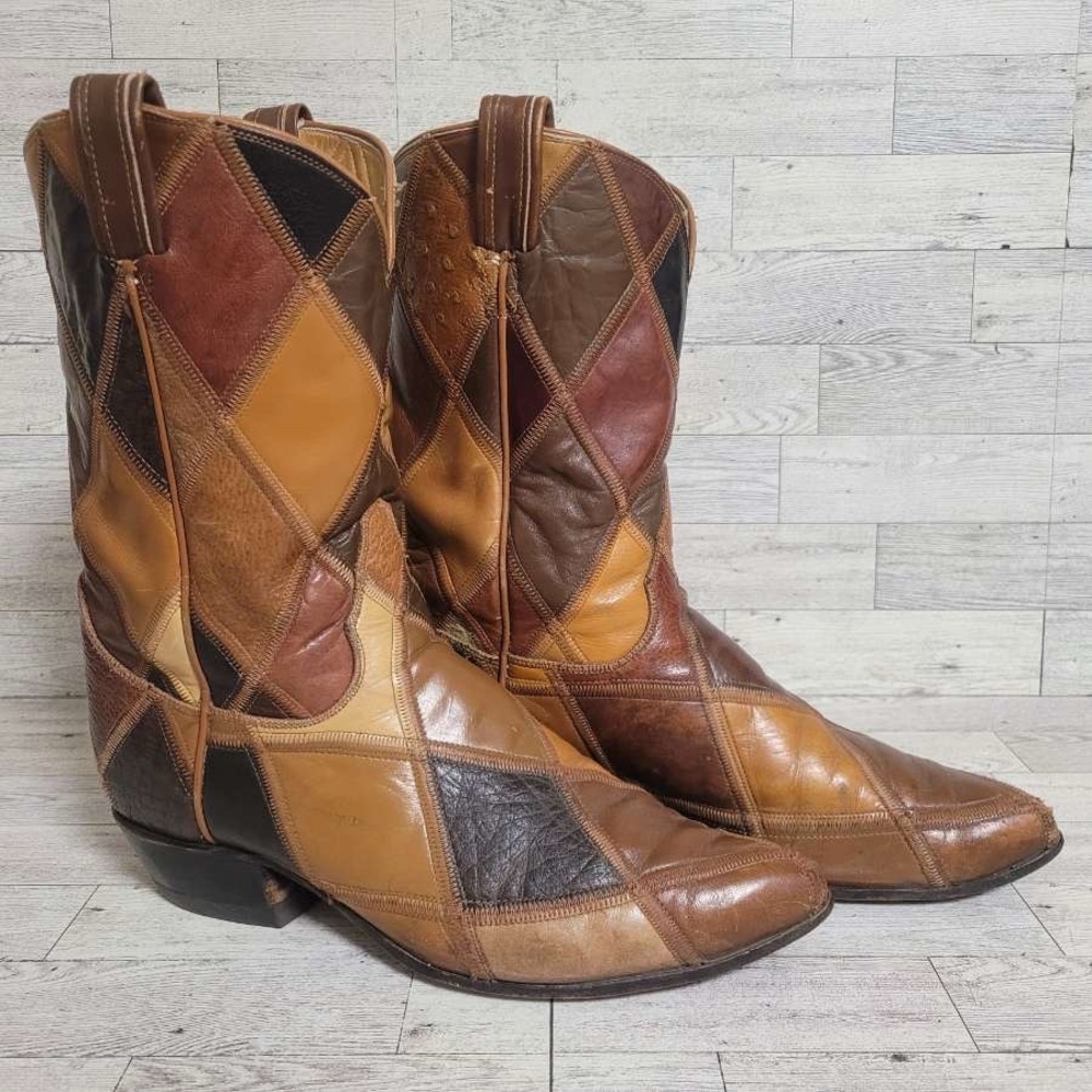 Vintage Tony Lama Western Exotic Brown Leather Patchwork Cowboy Boots Men's 12